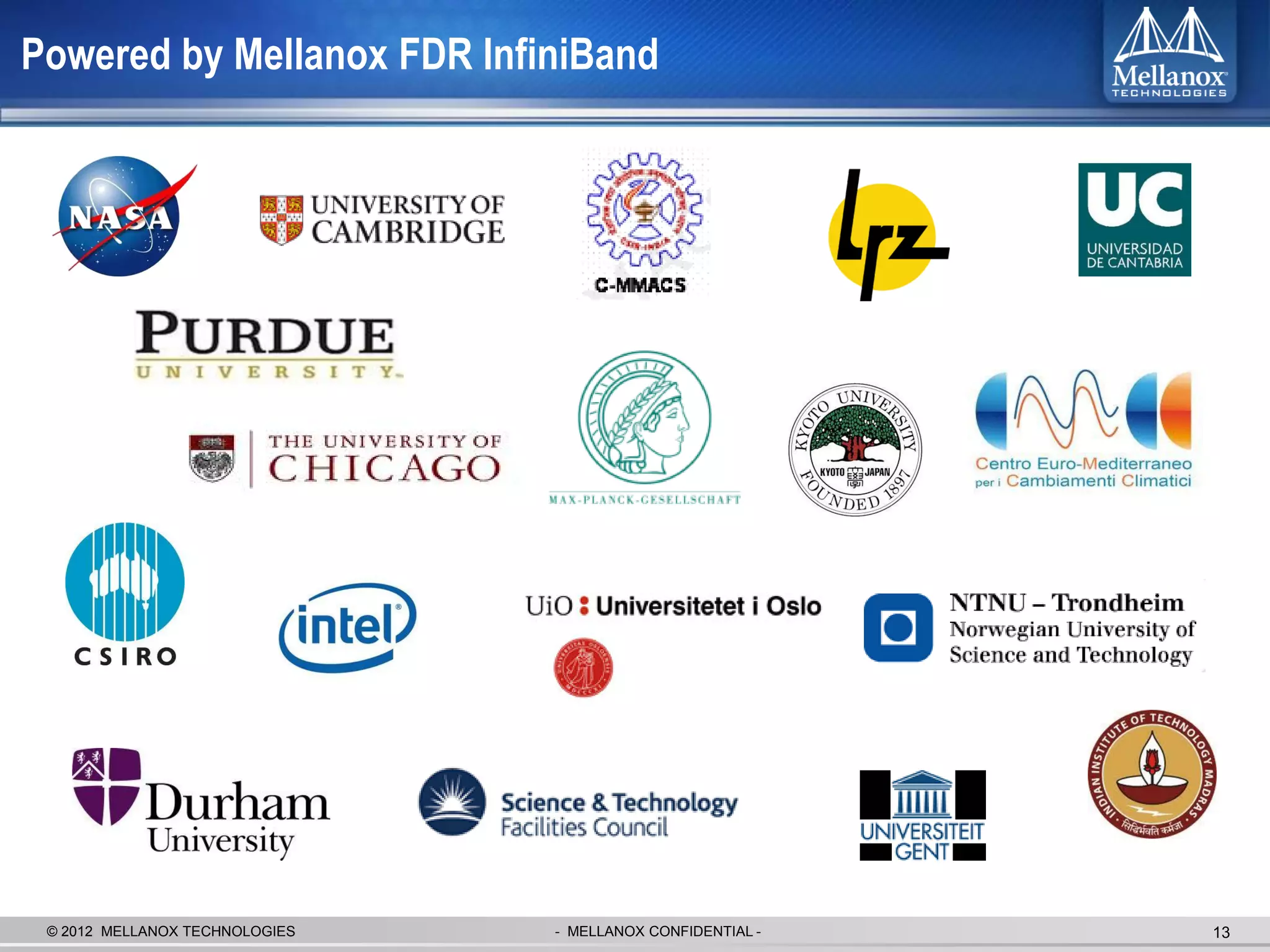 Powered by Mellanox FDR InfiniBand




 © 2012 MELLANOX TECHNOLOGIES   - MELLANOX CONFIDENTIAL -   13
 