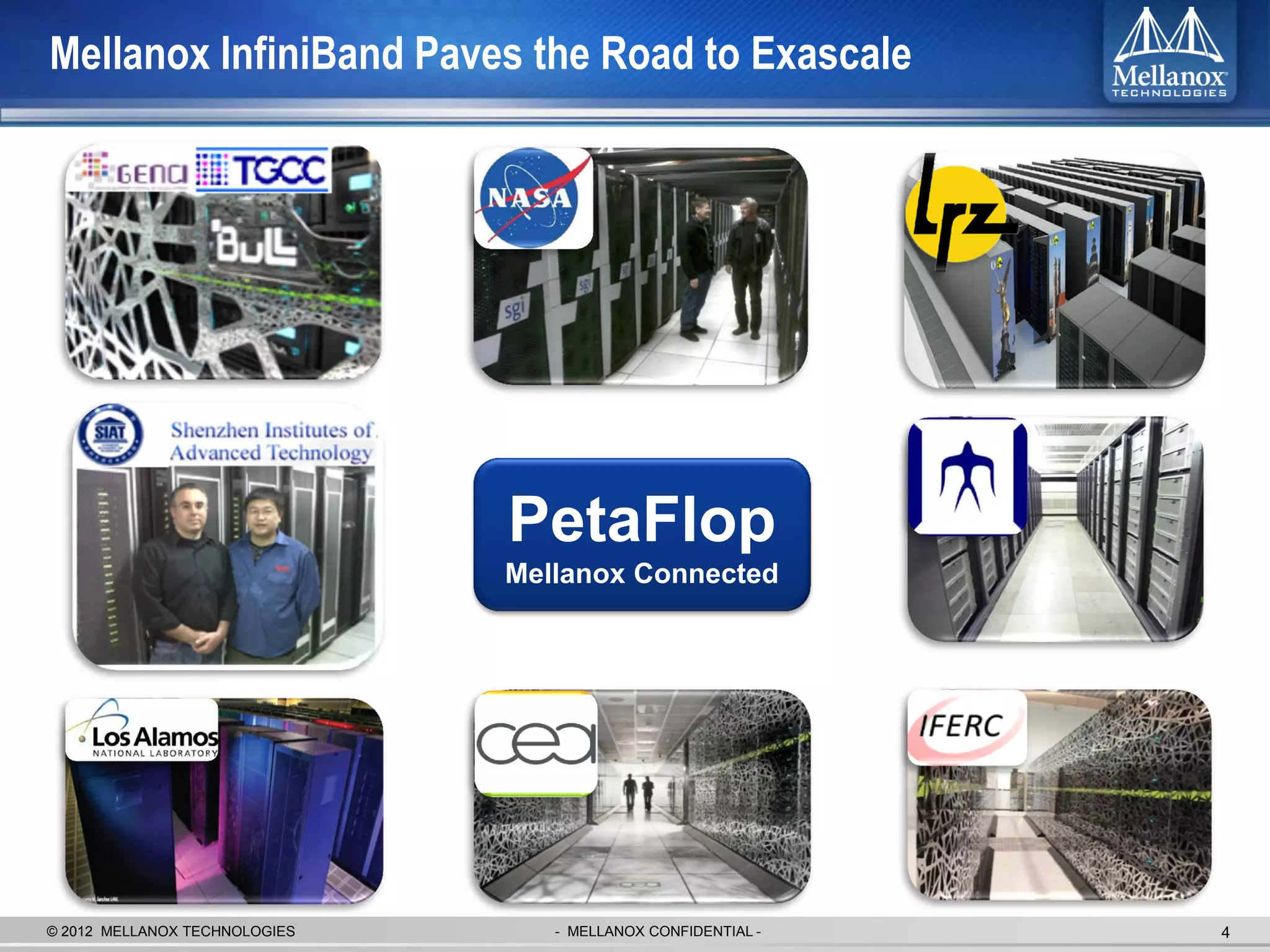 Mellanox InfiniBand Paves the Road to Exascale




                               PetaFlop
                               Mellanox Connected




© 2012 MELLANOX TECHNOLOGIES      - MELLANOX CONFIDENTIAL -   4
 