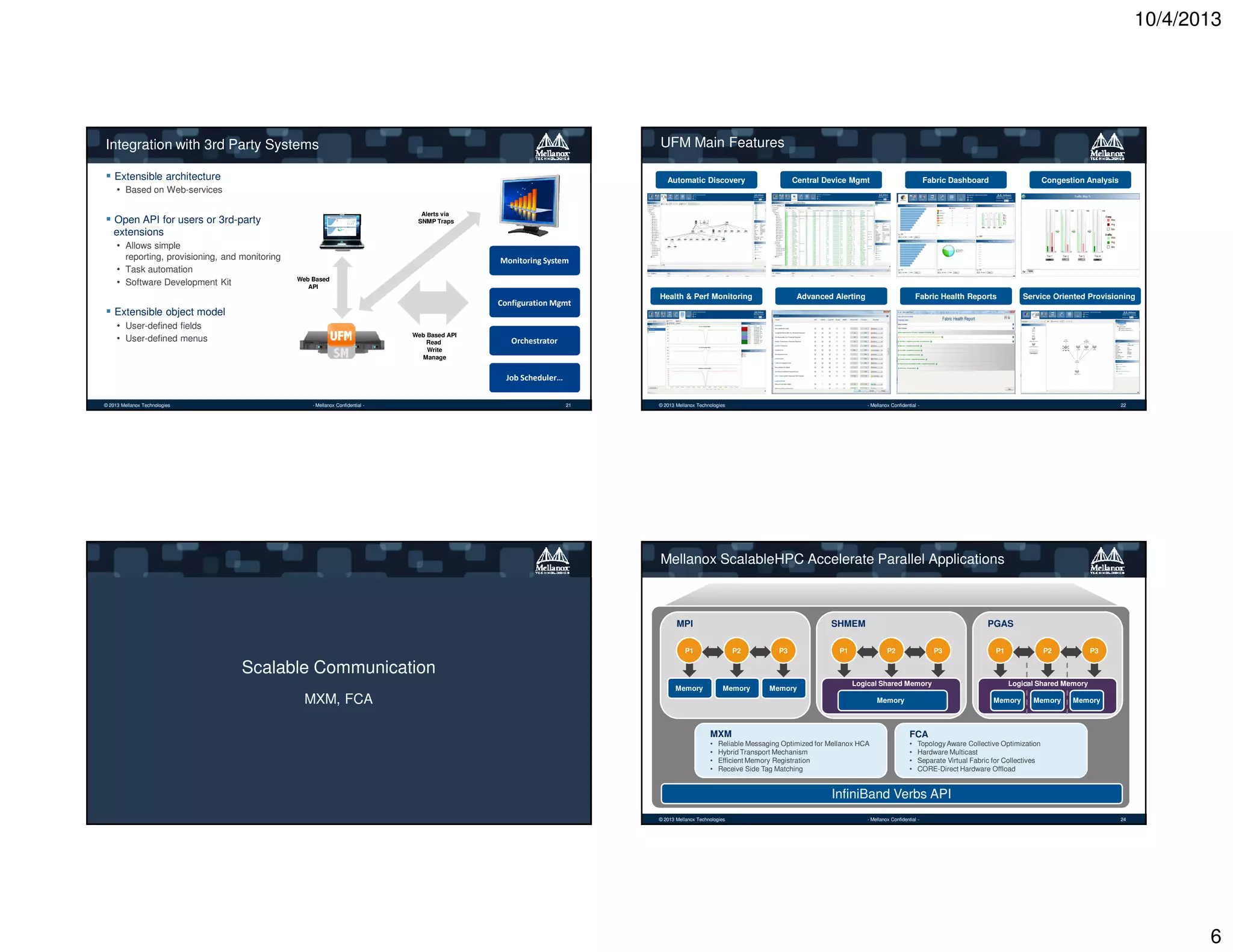 10/4/2013

UFM Main Features

Integration with 3rd Party Systems
Extensible architecture

Automatic Discovery

Central Device Mgmt

Fabric Dashboard

Congestion Analysis

Health & Perf Monitoring

Advanced Alerting

Fabric Health Reports

Service Oriented Provisioning

• Based on Web-services
Alerts via
SNMP Traps

Open API for users or 3rd-party
extensions
• Allows simple
reporting, provisioning, and monitoring

• Task automation
• Software Development Kit

Monitoring System
Web Based
API

Configuration Mgmt

Extensible object model
• User-defined fields
• User-defined menus

Web Based API
Read
Write
Manage

Orchestrator

Job Scheduler…
© 2013 Mellanox Technologies

- Mellanox Confidential -

21

© 2013 Mellanox Technologies

- Mellanox Confidential -

22

Mellanox ScalableHPC Accelerate Parallel Applications

MPI

SHMEM

P1

P2

P3

Memory

Memory

Memory

PGAS

P1

P2

P3

P1

P2

P3

Scalable Communication
Logical Shared Memory

MXM, FCA

Memory

Logical Shared Memory
Memory

MXM

•
•
•
•

Memory

FCA

•
•
•
•

Memory

Reliable Messaging Optimized for Mellanox HCA
Hybrid Transport Mechanism
Efficient Memory Registration
Receive Side Tag Matching

Topology Aware Collective Optimization
Hardware Multicast
Separate Virtual Fabric for Collectives
CORE-Direct Hardware Offload

InfiniBand Verbs API
© 2013 Mellanox Technologies

- Mellanox Confidential -

23

© 2013 Mellanox Technologies

- Mellanox Confidential -

24

6

 