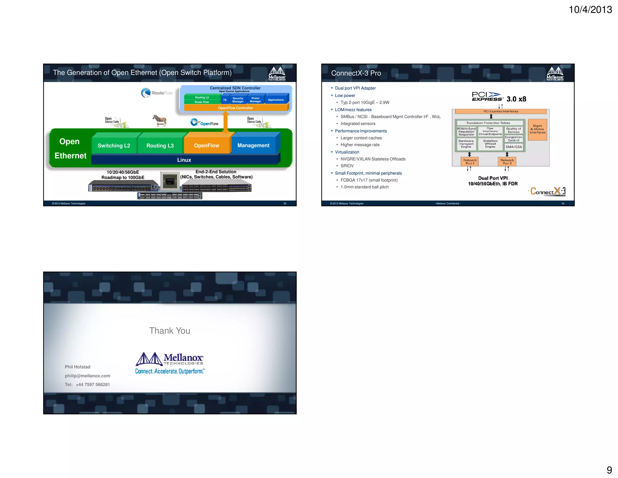 10/4/2013

The Generation of Open Ethernet (Open Switch Platform)

ConnectX-3 Pro
Dual port VPI Adapter

Centralized SDN Controller
Open Source Applications

Routing L3
TE

Route Flow

Security
Manager

Power
Manager

Low power
Applications

OpenFlow Controller

• Typ 2-port 10GigE – 2.9W
LOM/mezz features

• SMBus / NCSI - Baseboard Mgmt Controller I/F , WoL
• Integrated sensors

QUAGGA

Performance Improvements

Open

• Larger context caches

Switching L2

OpenFlow

Routing L3

• Higher message rate

Management

Virtualization

Ethernet

• NVGRE/VXLAN Stateless Offloads

Linux

• SRIOV
10/20/40/56GbE
Roadmap to 100GbE

End-2-End Solution
(NICs, Switches, Cables, Software)

Small Footprint, minimal peripherals

• FCBGA 17x17 (small footprint)
• 1.0mm standard ball pitch

© 2013 Mellanox Technologies

- Mellanox Confidential -

33

© 2013 Mellanox Technologies

- Mellanox Confidential -

34

Thank You

Phil Hofstad
philip@mellanox.com
Tel: +44 7597 566281

© 2013 Mellanox Technologies

- Mellanox Confidential -

35

9

 