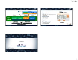 10/4/2013

The Generation of Open Ethernet (Open Switch Platform)

ConnectX-3 Pro
Dual port VPI Adapter

Centralized SDN Controller
Open Source Applications

Routing L3
TE

Route Flow

Security
Manager

Power
Manager

Low power
Applications

OpenFlow Controller

• Typ 2-port 10GigE – 2.9W
LOM/mezz features

• SMBus / NCSI - Baseboard Mgmt Controller I/F , WoL
• Integrated sensors

QUAGGA

Performance Improvements

Open

• Larger context caches

Switching L2

OpenFlow

Routing L3

• Higher message rate

Management

Virtualization

Ethernet

• NVGRE/VXLAN Stateless Offloads

Linux

• SRIOV
10/20/40/56GbE
Roadmap to 100GbE

End-2-End Solution
(NICs, Switches, Cables, Software)

Small Footprint, minimal peripherals

• FCBGA 17x17 (small footprint)
• 1.0mm standard ball pitch

© 2013 Mellanox Technologies

- Mellanox Confidential -

33

© 2013 Mellanox Technologies

- Mellanox Confidential -

34

Thank You

Phil Hofstad
philip@mellanox.com
Tel: +44 7597 566281

© 2013 Mellanox Technologies

- Mellanox Confidential -

35

9

 