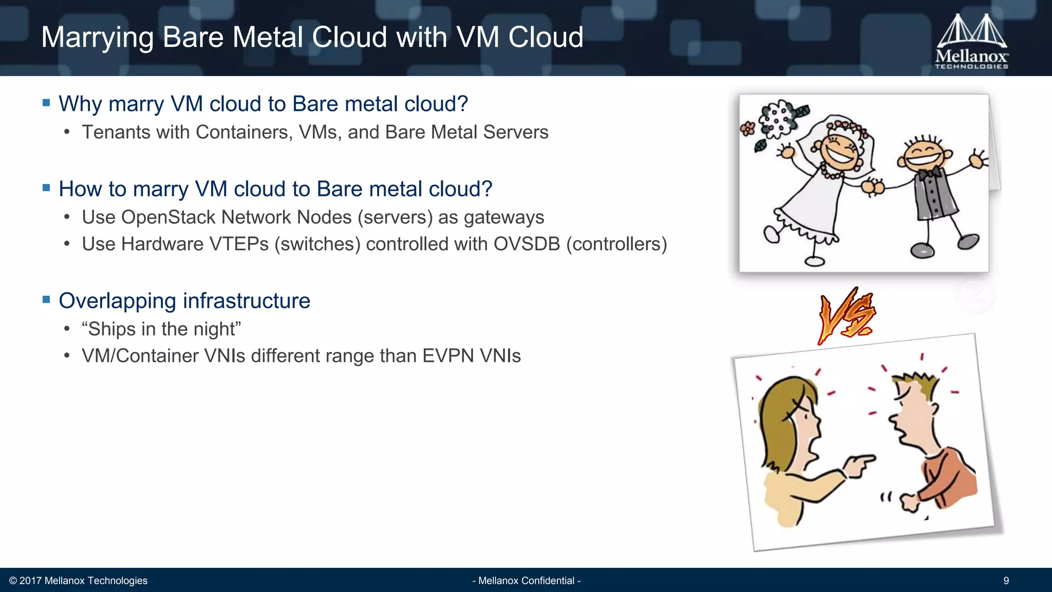 © 2017 Mellanox Technologies - Mellanox Confidential - 9
Marrying Bare Metal Cloud with VM Cloud
 Why marry VM cloud to Bare metal cloud?
• Tenants with Containers, VMs, and Bare Metal Servers
 How to marry VM cloud to Bare metal cloud?
• Use OpenStack Network Nodes (servers) as gateways
• Use Hardware VTEPs (switches) controlled with OVSDB (controllers)
 Overlapping infrastructure
• “Ships in the night”
• VM/Container VNIs different range than EVPN VNIs
 