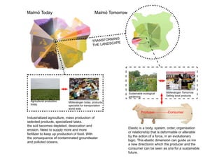 Malmö Today                                       Malmö Tomorrow




                                                           ING
                                                TR ANSFORM
                                                         SCAPE
                                                THE LAND




                                                                   Sustainable ecological   Möllevången Tomorrow.
                                                                   gardening                Selling local products

  Agricultural production   Möllevången today. products
  today                     specialist for transportation
                            world wide
                                                                             Produser        Consumer
Industrialized agriculture, mass production of
selected products, specialized tasks.
the soil becomes depleted, desiccation and
                                                                   Elastic is a body, system, order, organisation
erosion. Need to supply more and more
                                                                   or relationship that is deformable or alterable
fertilizer to keep up production of food. With
                                                                   by the action of a force, in an evolutionary
the consequence of contaminated groundwater
                                                                   logic. This elastic dimension can guide us inn
and polluted oceans.
                                                                   a new directionin which the producer and the
                                                                   consumer can be seen as one for a sustaineble
                                                                   future.
 