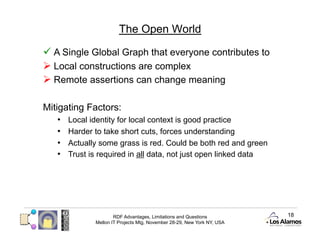 The Open World

  A Single Global Graph that everyone contributes to
  Local constructions are complex
  Remote assertions can change meaning

Mitigating Factors:
   •    Local identity for local context is good practice
   •    Harder to take short cuts, forces understanding
   •    Actually some grass is red. Could be both red and green
   •    Trust is required in all data, not just open linked data




                       RDF Advantages, Limitations and Questions          18
               Mellon IT Projects Mtg, November 28-29, New York NY, USA
 