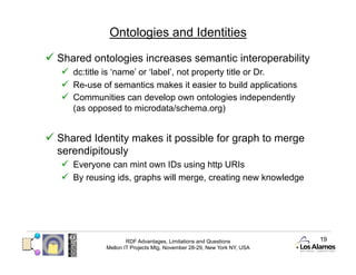 Ontologies and Identities

  Shared ontologies increases semantic interoperability
     dc:title is ‘name’ or ‘label’, not property title or Dr.
     Re-use of semantics makes it easier to build applications
     Communities can develop own ontologies independently
      (as opposed to microdata/schema.org)


  Shared Identity makes it possible for graph to merge
  serendipitously
     Everyone can mint own IDs using http URIs
     By reusing ids, graphs will merge, creating new knowledge




                      RDF Advantages, Limitations and Questions          19
              Mellon IT Projects Mtg, November 28-29, New York NY, USA
 