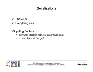 Serializations


  JSON-LD
  Everything else

Mitigating Factors:
   •  Software libraries help, but are inconsistent
   •  … and that’s all I’ve got!




                      RDF Advantages, Limitations and Questions          25
              Mellon IT Projects Mtg, November 28-29, New York NY, USA
 