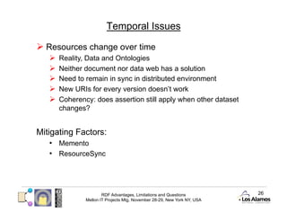 Temporal Issues

  Resources change over time
     Reality, Data and Ontologies
     Neither document nor data web has a solution
     Need to remain in sync in distributed environment
     New URIs for every version doesn’t work
     Coherency: does assertion still apply when other dataset
      changes?


Mitigating Factors:
   •  Memento
   •  ResourceSync




                      RDF Advantages, Limitations and Questions          26
              Mellon IT Projects Mtg, November 28-29, New York NY, USA
 