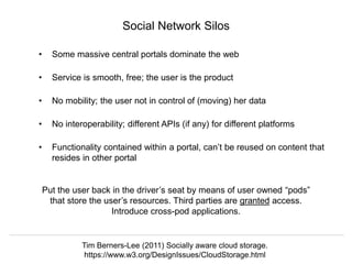 Herbert Van de Sompel @hvdsomp
NDE TC Meetings, Amsterdam, 12 Feb 2020
Social Network Silos
• Some massive central portals dominate the web
• Service is smooth, free; the user is the product
• No mobility; the user not in control of (moving) her data
• No interoperability; different APIs (if any) for different platforms
• Functionality contained within a portal, can’t be reused on content that
resides in other portal
Tim Berners-Lee (2011) Socially aware cloud storage.
https://www.w3.org/DesignIssues/CloudStorage.html
Put the user back in the driver’s seat by means of user owned “pods”
that store the user’s resources. Third parties are granted access.
Introduce cross-pod applications.
 