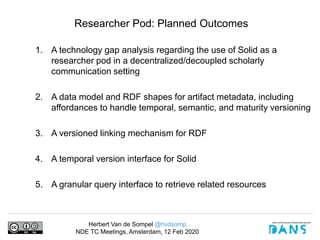Herbert Van de Sompel @hvdsomp
NDE TC Meetings, Amsterdam, 12 Feb 2020
Researcher Pod: Planned Outcomes
1. A technology gap analysis regarding the use of Solid as a
researcher pod in a decentralized/decoupled scholarly
communication setting
2. A data model and RDF shapes for artifact metadata, including
affordances to handle temporal, semantic, and maturity versioning
3. A versioned linking mechanism for RDF
4. A temporal version interface for Solid
5. A granular query interface to retrieve related resources
 