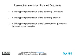 Herbert Van de Sompel @hvdsomp
NDE TC Meetings, Amsterdam, 12 Feb 2020
Researcher Interfaces: Planned Outcomes
1. A prototype implementation of the Scholarly Dashboard
2. A prototype implementation of the Scholarly Browser
3. A prototype implementation of the Collector with guided link-
traversal-based querying
 