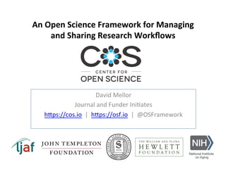 An	Open	Science	Framework	for	Managing	
and	Sharing	Research	Workﬂows	
David	Mellor	
Journal	and	Funder	Ini1ates	
h5ps://cos.io		|		h5ps://osf.io		|		@OSFramework	
 