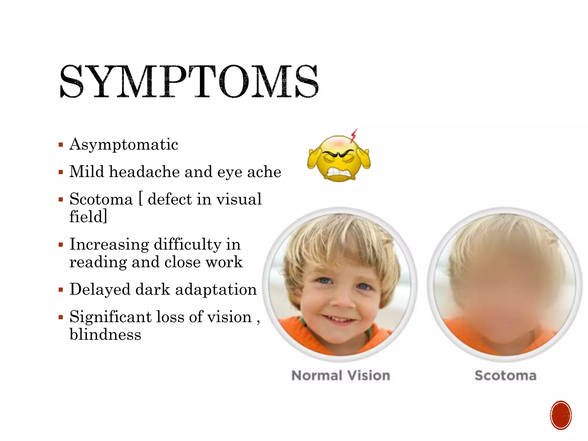  Asymptomatic
 Mild headache and eye ache
 Scotoma [ defect in visual
field]
 Increasing difficulty in
reading and close work
 Delayed dark adaptation
 Significant loss of vision ,
blindness
 