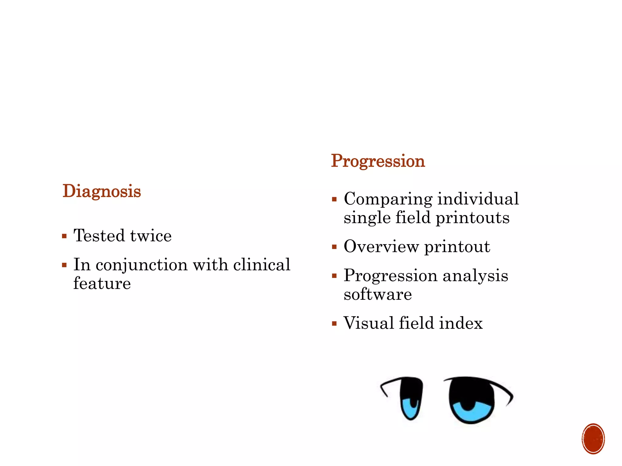 Diagnosis
 Tested twice
 In conjunction with clinical
feature
Progression
 Comparing individual
single field printouts
 Overview printout
 Progression analysis
software
 Visual field index
 