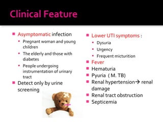  Asymptomatic infection
 Pregnant woman and young
children
 The elderly and those with
diabetes
 People undergoing
instrumentation of urinary
tract
 Detect only by urine
screening
 Lower UTI symptoms :
 Dysuria
 Urgency
 Frequent micturition
 Fever
 Hematuria
 Pyuria ( M. TB)
 Renal hypertension renal
damage
 Renal tract obstruction
 Septicemia
 