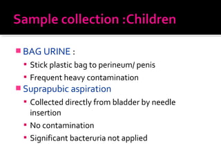  BAG URINE :
 Stick plastic bag to perineum/ penis
 Frequent heavy contamination
 Suprapubic aspiration
 Collected directly from bladder by needle
insertion
 No contamination
 Significant bacteruria not applied
 