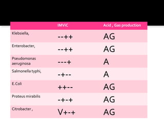 IMViC Acid , Gas production
Klebsiella,
--++ AG
Enterobacter,
--++ AG
Pseudomonas
aeruginosa ---+ A
Salmonella typhi,
-+-- A
E.Coli
++-- AG
Proteus mirabilis
-+-+ AG
Citrobacter ,
V+-+ AG
 