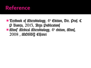  Textbook of Microbiology, 4th
Edition, Dir. Prof. C
P Baveja, 2013, Arya Publications
 Mims’ Medical Microbiology, 4th
edition, Mims,
2008 , MOSBY Elsevier
 