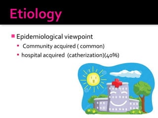  Epidemiological viewpoint
 Community acquired ( common)
 hospital acquired (catherization)(40%)
 