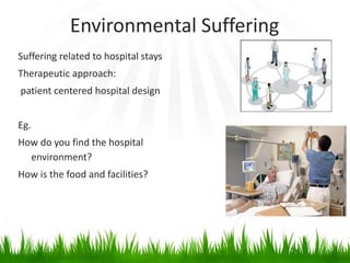 Suffering related to hospital stays
Therapeutic approach:
patient centered hospital design
Eg.
How do you find the hospital
environment?
How is the food and facilities?
Environmental Suffering
 
