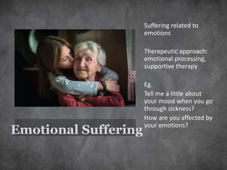 Emotional Suffering
Suffering related to
emotions
Therapeutic approach:
emotional processing,
supportive therapy
Eg.
Tell me a little about
your mood when you go
through sickness?
How are you affected by
your emotions?
 