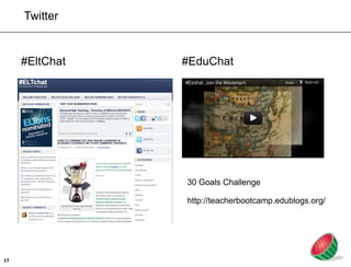 Twitter


     #EltChat   #EduChat




                30 Goals Challenge

                http://teacherbootcamp.edublogs.org/




17
 