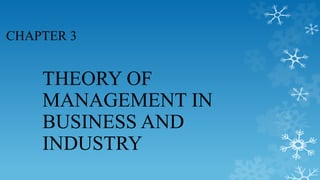 CHAPTER 3
THEORY OF
MANAGEMENT IN
BUSINESS AND
INDUSTRY
 