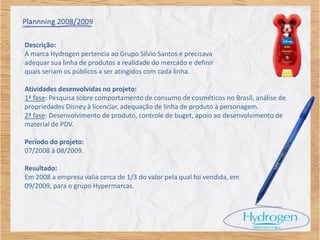 Descrição:
A marca Hydrogen pertencia ao Grupo Silvio Santos e precisava
adequar sua linha de produtos a realidade do mercado e definir
quais seriam os públicos a ser atingidos com cada linha.

Atividades desenvolvidas no projeto:
1ª fase: Pesquisa sobre comportamento de consumo de cosméticos no Brasil, análise de
propriedades Disney à licenciar, adequação de linha de produto à personagem.
2ª fase: Desenvolvimento de produto, controle de buget, apoio ao desenvolvimento de
material de PDV.

Período do projeto:
07/2008 à 08/2009.

Resultado:
Em 2008 a empresa valia cerca de 1/3 do valor pela qual foi vendida, em
09/2009, para o grupo Hypermarcas.
 