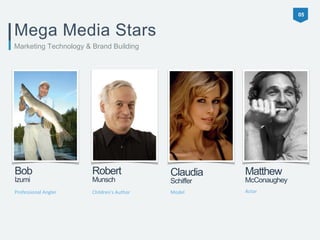 Mega Media Stars 
Bob 
Izumi 
Professional Angler 
Robert 
Munsch 
Children's Author 
Claudia 
Schiffer 
Model 
Matthew 
McConaughey 
Actor 
Marketing Technology & Brand Building 
05 
 