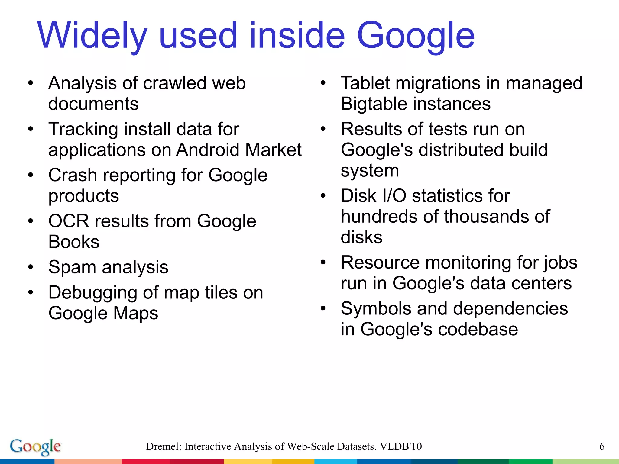 Widely used inside Google Analysis of crawled web documents Tracking install data for applications on Android Market Crash reporting for Google products OCR results from Google Books Spam analysis Debugging of map tiles on Google Maps Tablet migrations in managed Bigtable instances Results of tests run on Google's distributed build system Disk I/O statistics for hundreds of thousands of disks Resource monitoring for jobs run in Google's data centers Symbols and dependencies in Google's codebase Dremel: Interactive Analysis of Web-Scale Datasets. VLDB'10 