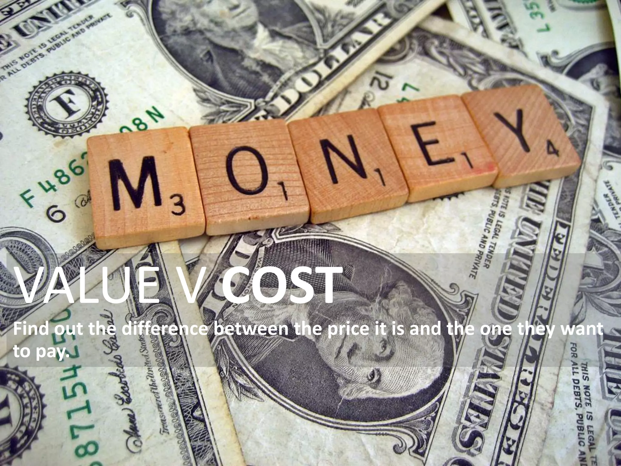 | Media – Sauce | Mellissa Norman




VALUE V COST
Find out the difference between the price it is and the one they want
to pay.



                                             © C O P Y R I G H T   M e d i a   S a u c e
 