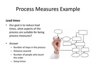 Process Measures Example
Lead times
• Our goal is to reduce lead
times, what aspects of the
process are suitable for being
process measures?
• Answer
– Number of steps in the process
– Distance covered
– Number of people who touch
the order
– Setup times
 
