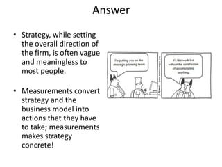 Answer
• Strategy, while setting
the overall direction of
the firm, is often vague
and meaningless to
most people.
• Measurements convert
strategy and the
business model into
actions that they have
to take; measurements
makes strategy
concrete!
 