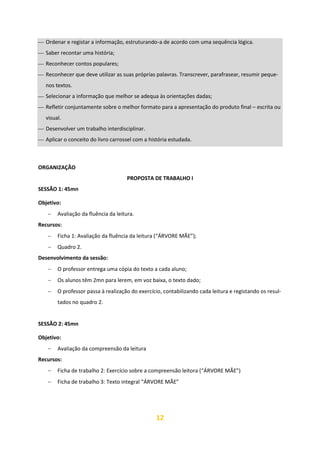 12
⎯ Ordenar e registar a informação, estruturando‑a de acordo com uma sequência lógica.
⎯ Saber recontar uma história;
⎯ Reconhecer contos populares;
⎯ Reconhecer que deve utilizar as suas próprias palavras. Transcrever, parafrasear, resumir peque-
nos textos.
⎯ Selecionar a informação que melhor se adequa às orientações dadas;
⎯ Refletir conjuntamente sobre o melhor formato para a apresentação do produto final – escrita ou
visual.
⎯ Desenvolver um trabalho interdisciplinar.
⎯ Aplicar o conceito do livro carrossel com a história estudada.
ORGANIZAÇÃO
PROPOSTA DE TRABALHO I
SESSÃO 1: 45mn
Objetivo:
− Avaliação da fluência da leitura.
Recursos:
− Ficha 1: Avaliação da fluência da leitura (“ÁRVORE MÃE”);
− Quadro 2.
Desenvolvimento da sessão:
− O professor entrega uma cópia do texto a cada aluno;
− Os alunos têm 2mn para lerem, em voz baixa, o texto dado;
− O professor passa à realização do exercício, contabilizando cada leitura e registando os resul-
tados no quadro 2.
SESSÃO 2: 45mn
Objetivo:
− Avaliação da compreensão da leitura
Recursos:
− Ficha de trabalho 2: Exercício sobre a compreensão leitora (“ÁRVORE MÃE”)
− Ficha de trabalho 3: Texto integral “ÁRVORE MÃE”
 