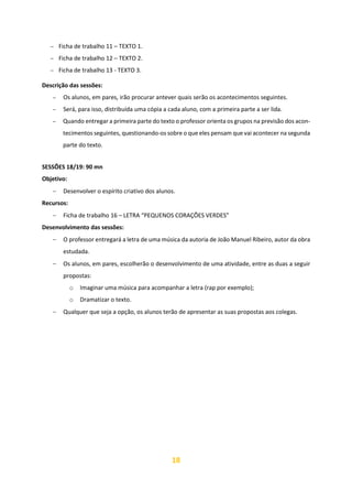18
− Ficha de trabalho 11 – TEXTO 1.
− Ficha de trabalho 12 – TEXTO 2.
− Ficha de trabalho 13 - TEXTO 3.
Descrição das sessões:
− Os alunos, em pares, irão procurar antever quais serão os acontecimentos seguintes.
− Será, para isso, distribuída uma cópia a cada aluno, com a primeira parte a ser lida.
− Quando entregar a primeira parte do texto o professor orienta os grupos na previsão dos acon-
tecimentos seguintes, questionando-os sobre o que eles pensam que vai acontecer na segunda
parte do texto.
SESSÕES 18/19: 90 mn
Objetivo:
− Desenvolver o espírito criativo dos alunos.
Recursos:
− Ficha de trabalho 16 – LETRA “PEQUENOS CORAÇÕES VERDES”
Desenvolvimento das sessões:
− O professor entregará a letra de uma música da autoria de João Manuel Ribeiro, autor da obra
estudada.
− Os alunos, em pares, escolherão o desenvolvimento de uma atividade, entre as duas a seguir
propostas:
o Imaginar uma música para acompanhar a letra (rap por exemplo);
o Dramatizar o texto.
− Qualquer que seja a opção, os alunos terão de apresentar as suas propostas aos colegas.
 