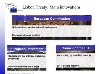 © 2010 European Parliament, Visits and Seminars Unit
European Commission
Lisbon Treaty: Main innovations
European Parliament
Codecision: the ordinary legislative
procedure
More control over the budget
Subsidiarity check by national parliaments
European citizens intiative
Council of the EU
More voting by qualified majority
2014: double majority