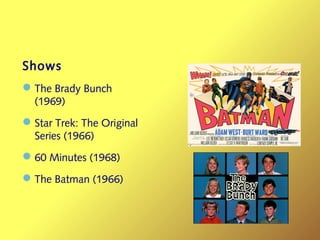 Shows
—The Brady Bunch
(1969)
—Star Trek: The Original
Series (1966)
—60 Minutes (1968)
—The Batman (1966)
 