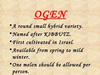 OGEN
•A round small hybrid variety.
•Named after KIBBUTZ.
•First cultivated in Israel.
•Available from spring to mild
winter.
•One melon should be allowed per
person.
 