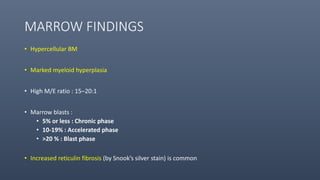 MARROW FINDINGS
• Hypercellular BM
• Marked myeloid hyperplasia
• High M/E ratio : 15–20:1
• Marrow blasts :
• 5% or less : Chronic phase
• 10-19% : Accelerated phase
• >20 % : Blast phase
• Increased reticulin fibrosis (by Snook’s silver stain) is common
 