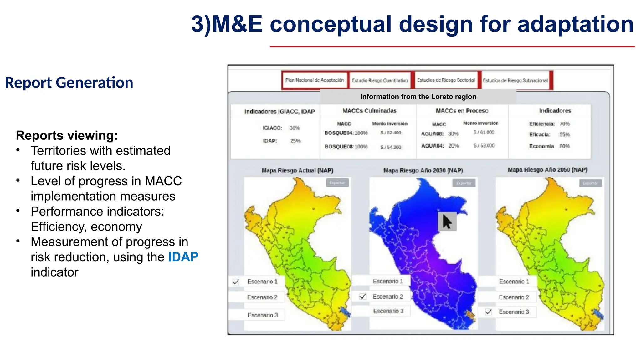 Report Generation
Reports viewing:
• Territories with estimated
future risk levels.
• Level of progress in MACC
implementation measures
• Performance indicators:
Efficiency, economy
• Measurement of progress in
risk reduction, using the IDAP
indicator
Information from the Loreto region
3)M&E conceptual design for adaptation
 