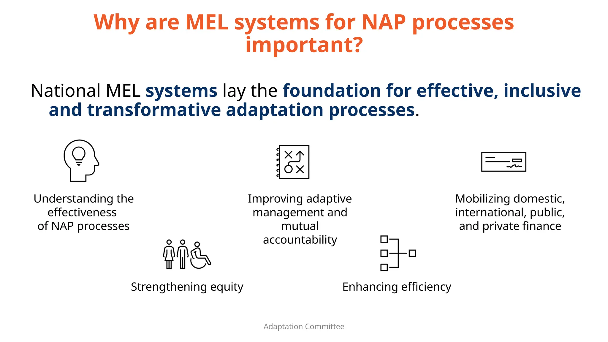 Why are MEL systems for NAP processes
important?
Adaptation Committee
National MEL systems lay the foundation for effective, inclusive
and transformative adaptation processes.
Understanding the
effectiveness
of NAP processes
Enhancing efficiency
Improving adaptive
management and
mutual
accountability
Mobilizing domestic,
international, public,
and private finance
Strengthening equity
 