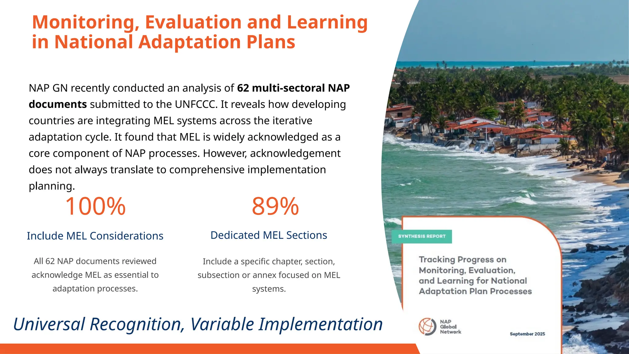 Monitoring, Evaluation and Learning
in National Adaptation Plans
NAP GN recently conducted an analysis of 62 multi-sectoral NAP
documents submitted to the UNFCCC. It reveals how developing
countries are integrating MEL systems across the iterative
adaptation cycle. It found that MEL is widely acknowledged as a
core component of NAP processes. However, acknowledgement
does not always translate to comprehensive implementation
planning.
Universal Recognition, Variable Implementation
100%
Include MEL Considerations
All 62 NAP documents reviewed
acknowledge MEL as essential to
adaptation processes.
89%
Dedicated MEL Sections
Include a specific chapter, section,
subsection or annex focused on MEL
systems.
 