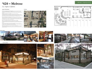 624 – Melrose
                                                                                                                                          café reno – h i g h p r o f i l e
     #

     Los Angeles, California
     project information                                                                                               location   plans

     How does your design incorporate the existing site? (exterior to interior connection, relevance to
     existing site and surrounding architecture): Stripping back the layers of gyp reviewed a very large steel
     moment frame that became the design inspiration for the steel trellis in the patio connecting the exterior to
     the interior.
     How does your design cater to it’s audience? (meets customer and market needs)
     The building is setback 20 feet from the sidewalk so in placing a false store front and patio structure this
     design gives this store more of a sidewalk presence important to any retail entity on Melrose Avenue. The
     patio has built-in counter seating, overhead heaters and exterior LED patio lights for guest to enjoy the patio
     year round. Enhancing the patio was one of the main priority since it a “seen and be seen” space.

     How you were innovative in your design? (creative use of space planning, materials, and design elements):
     The patio is a key feature to this store so by enhancing and guarding the patio we were able to pull our
     signage and brand to the very corner of the site thereby solving one of the chief compliance about this
     location which is the lack of visibility to the signage and our brand. The many signs we have on the building
     were obscured nine months out of the year by the 4 large trees.

     What was your inspiration and how did you incorporate that into your design?
     The large steel moment frame that was discovered during our site survey buried behind gyp. This became the
     design inspiration for Melrose and steered the design towards incorporating many raw and exposed steel
     elements.

     Tell about any green solutions and environmental responsibility. We used many reclaimed wood
     throughout the project from bar cladding to wainscot and ceiling cladding. The large live-edge table and bar
     top-caps are cypress trees pulled from swamps in Florida and Louisiana.

     What kind of messaging do you have in the store (coffee story/Shared Planet)? Large Shared Planet
     coffee farm images were used inside and outside as well as the use of a large framed coffee bag collage to
     message our coffee story.




before photo




      exterior photos
 