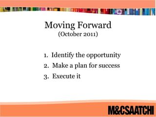 Next StepsMoving Forward(October 2011)1.  Identify the opportunity2.  Make a plan for success3.  Execute it