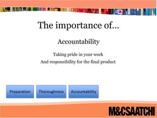The importance of...AccountabilityTaking pride in your work And responsibility for the final productPreparation Thoroughness Accountability 