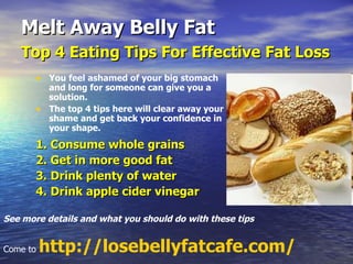 Melt Away Belly Fat Top 4 Eating Tips For Effective Fat Loss   ,[object Object],[object Object],[object Object],[object Object],[object Object],[object Object],See more details and what you should do with these tips Come to  http:// losebellyfatcafe.com / 
