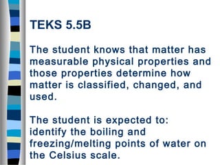 TEKS 5.5B 
The student knows that matter has 
measurable physical properties and 
those properties determine how 
matter is classified, changed, and 
used. 
The student is expected to: 
identify the boiling and 
freezing/melting points of water on 
the Celsius scale. 
 