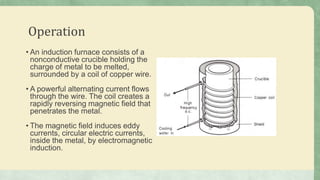 Operation
• An induction furnace consists of a
nonconductive crucible holding the
charge of metal to be melted,
surrounded by a coil of copper wire.
• A powerful alternating current flows
through the wire. The coil creates a
rapidly reversing magnetic field that
penetrates the metal.
• The magnetic field induces eddy
currents, circular electric currents,
inside the metal, by electromagnetic
induction.
 