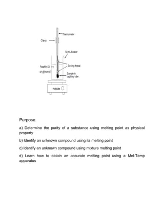 Purpose
a) Determine the purity of a substance using melting point as physical
property

b) Identify an unknown compound using its melting point

c) Identify an unknown compound using mixture melting point

d) Learn how to obtain an accurate melting point using a Mel-Temp
apparatus
 