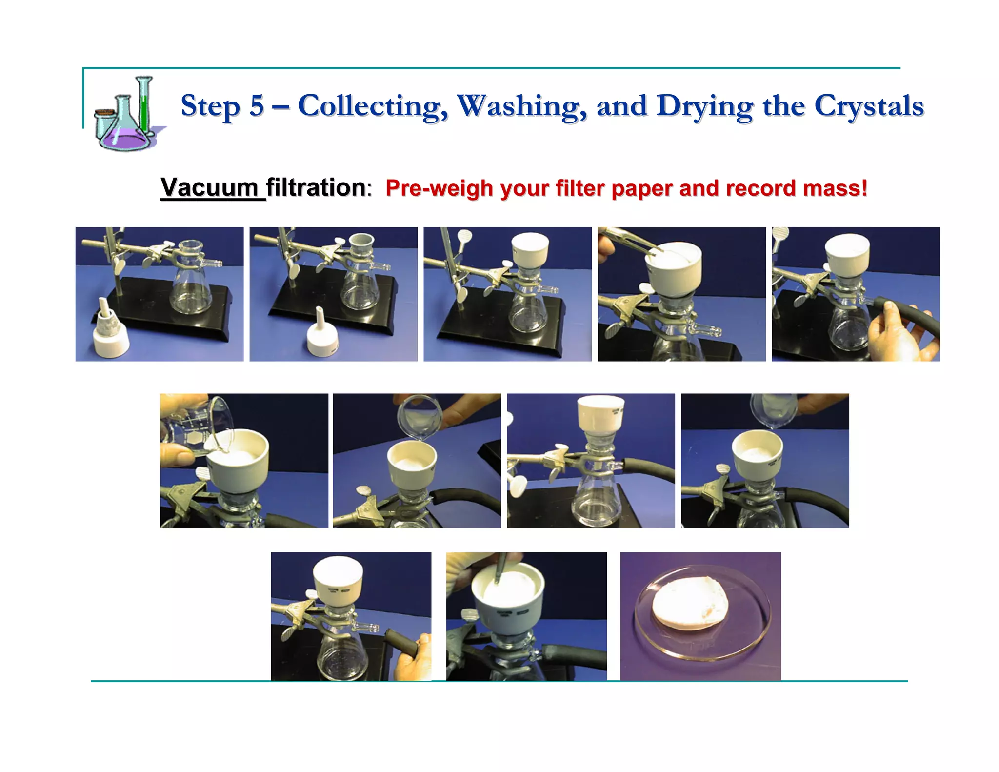 Step 5 – Collecting, Washing, and Drying the Crystals

Vacuum filtration: Pre-weigh your filter paper and record mass!
 