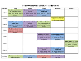 Melton Online Class Schedule – Eastern Time
Class Hour Sunday Monday Tuesday Wednesday Thursday
Beyond Borders: The History of
the Arab-Isreali Conflict
Genesis I: From Adam to
Abraham
The Rhythms and Purposes of
Jewish Living
Oct. 13, 2013 - Mar. 30, 2014 (20
Sessions)
Oct. 14, 2013 - Jan. 19, 2014
(10 Sessions)
Oct. 15, 2013 - Apr. 1, 2014 (20
Sessions)
11:00 AM
Online Learning Opportunity
For Internatioanl Friends -
Pre-Registration Required
The Rhythms and Purposes of
Jewish Living
Genesis I: From Adam to
Abraham
Beyond Borders: The History
of the Arab-Isreali Conflict
Oct. 13, 2013 - Mar. 30, 2014 (20
Sessions)
Oct. 14, 2013 - Jan. 19, 2014
(10 Sessions)
Oct. 15, 2013 - Apr. 1, 2014 (20
Sessions)
The Ethics of Jewish Living
Oct. 13, 2013 - Mar. 30, 2014 (20
Sessions)
Genesis I: From Adam to
Abraham
The Rhythms and Purposes of
Jewish Living
Oct. 15, 2013 - Jan. 20, 2014
(10 Sessions)
Oct. 16, 2013 - Apr. 2, 2014
(20 Sessions)
Beyond Borders: The History
of the Arab-Isreali Conflict
Oct. 17, 2013 - Apr. 3, 2014
(20 Sessions)
Genesis I: From Adam to
Abraham
The Rhythms and Purposes of
Jewish Living
Oct. 15, 2013 - Jan. 20, 2014
(10 Sessions)
Oct. 16, 2013 - Apr. 2, 2014
(20 Sessions)
Course Type
Melton Scholars Course on
Jewish Civilization
Melton Core Curriculum -
Year One
Melton Core Curriculum -
Year Two
Melton Scholars Course on
the Torah
8:00 PM
9:30 AM
12:00 PM
7:00 PM
9:00 PM
10:00 PM
 